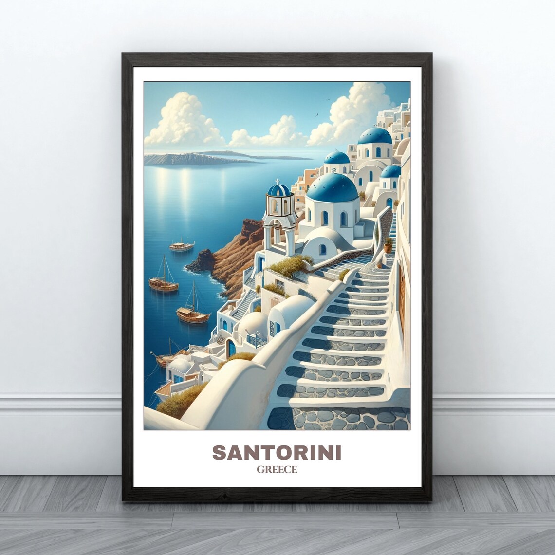 Santorini Travel Poster, Greece Cityscape Painting Print