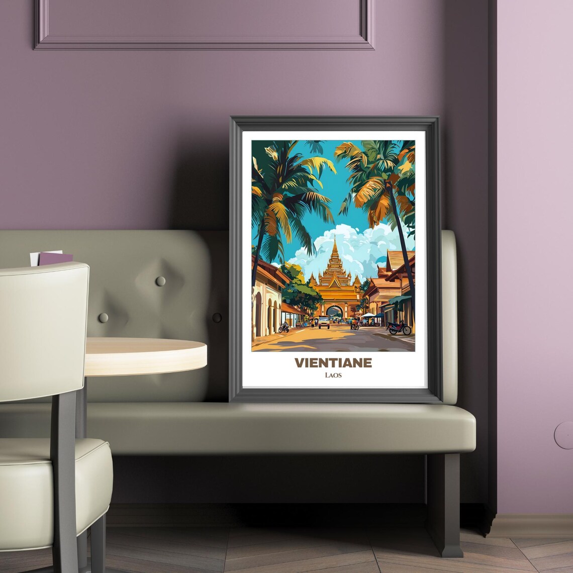 Vientiane Laos Golden Temple Gate Palm Street Vintage Travel Poster - Image 5