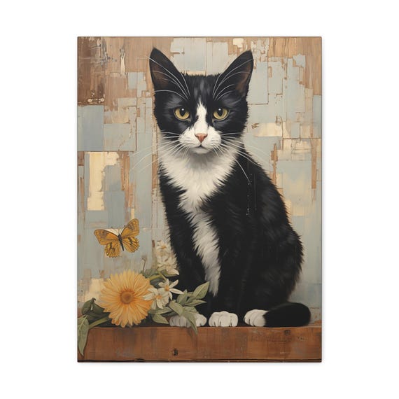 Black And White Cat With Yellow Eyes Butterfly And Flowers Art Poster