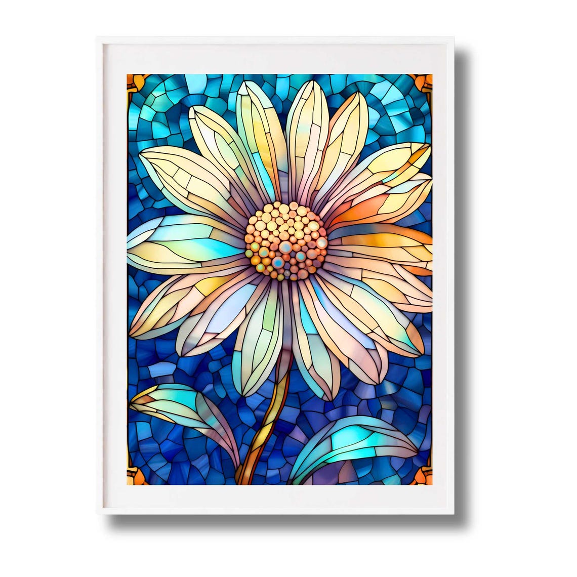 Stained Glass Daisy Flower Blue Mosaic Light Catcher Style Poster