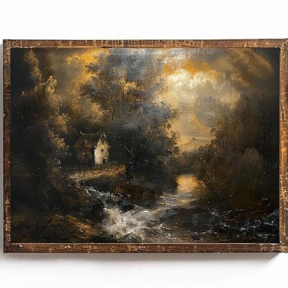 Small Cottage By Rushing Stream Beneath Stormy Golden Dusk Poster