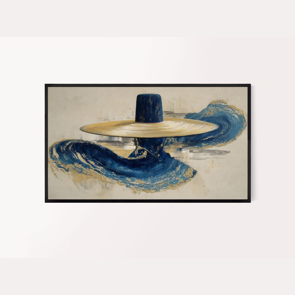 Korean Gat Hat Semi Abstract Gold and Blue Brushstroke Wall Art
