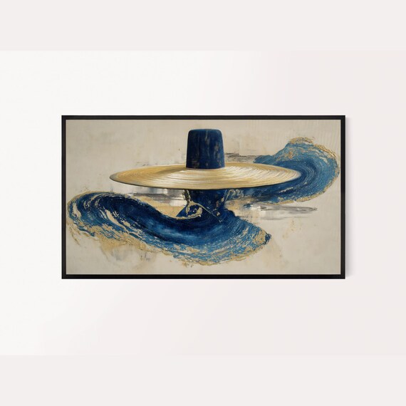 Korean Frame Tv Art Hanbok Gat Semi Abstract Painting Gold And Indigo Blue Colors