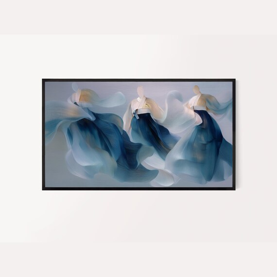 Korean Frame Tv Art Hanbokinspired Semi Abstract Painting Gold And Indigo Blue Colors