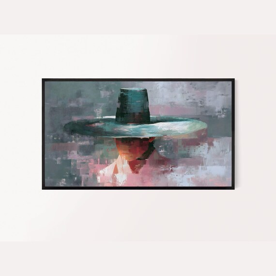 Korean Frame Tv Art Hanbok Gat Semi Abstract Painting Rose Pink And Celadon Green Colors
