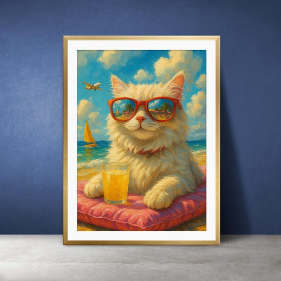 Beach Cat Art Print Fluffy Kitty With Drink Coastal Summer Decor