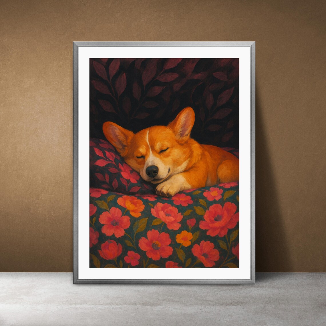 Sleeping Corgi Art Print Floral Botanical Illustration