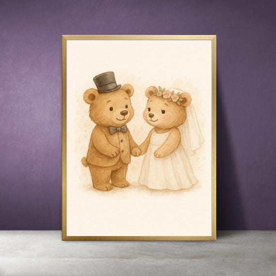 Wedding Teddy Bear Couple Watercolor Print Bridal Shower Decor Instant