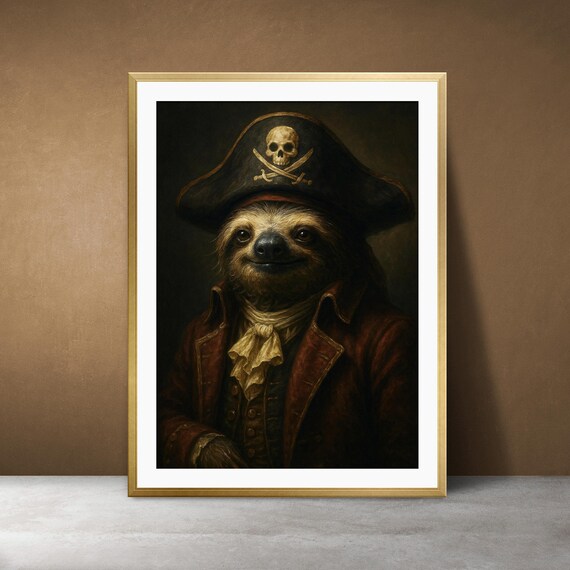 Pirate Sloth Portrait Art Print Nautical Dark Academia Decor