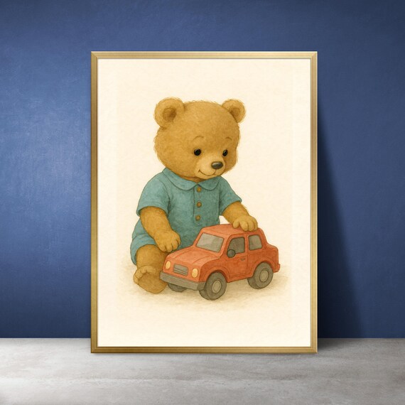 Teddy Bear Playing with Red Toy Car Watercolor Cute Nursery Poster