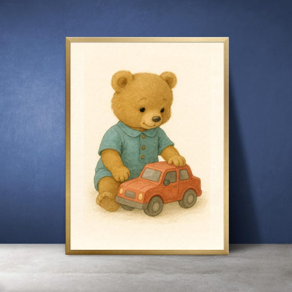 Teddy Bear With Toy Car Nursery Art Watercolor Print
