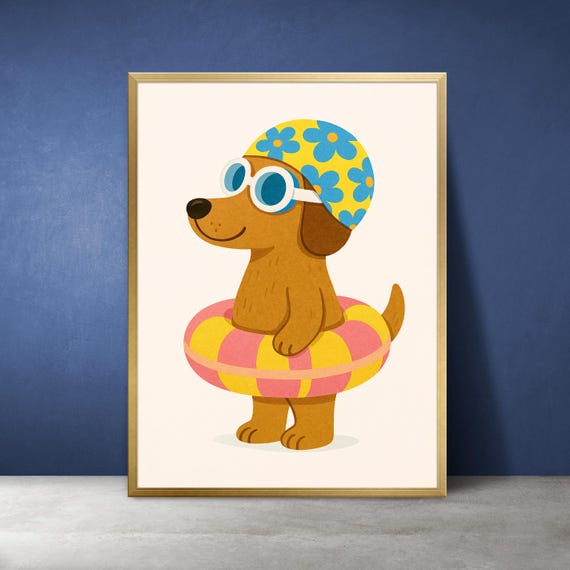 Kawaii Puppy Nursery Print Summer Pool Dog Art