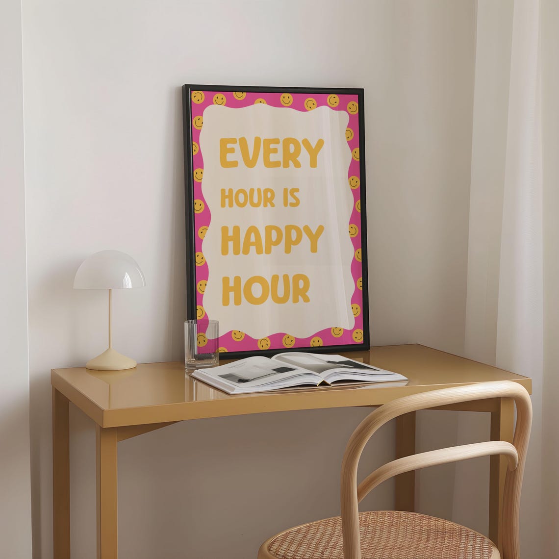 Every Hour Is Happy Hour Smiley Face Pink Bar Cart Fun Poster - Image 2