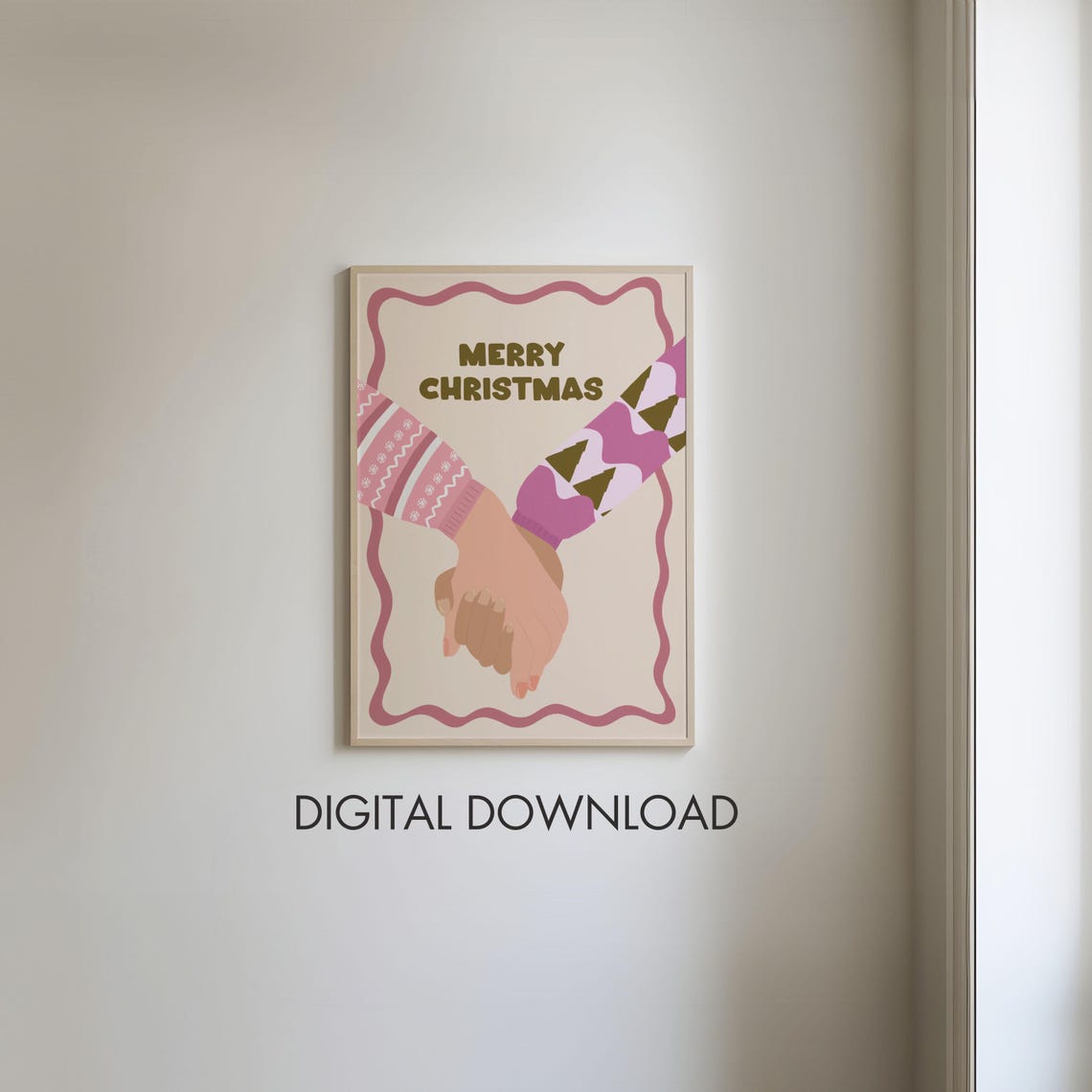 Merry Christmas Holding Hands Poster Pink Festive Couple Decor