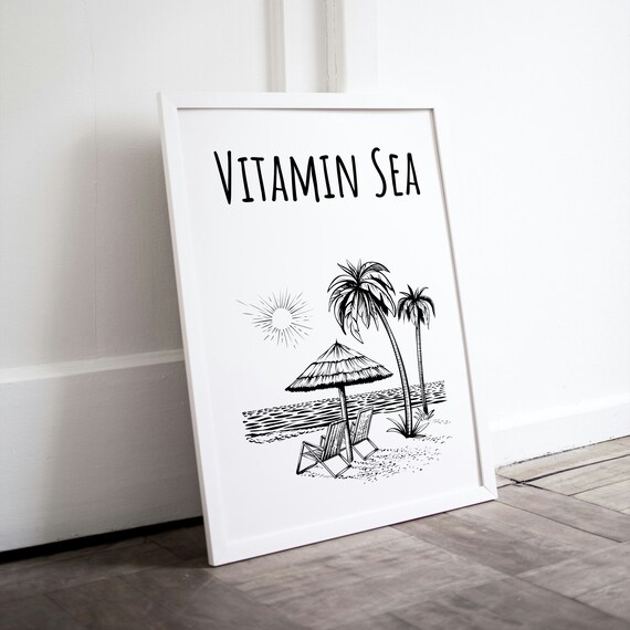 Vitamin Sea Beach Scene Sun Line Drawing Summer Coastal Poster
