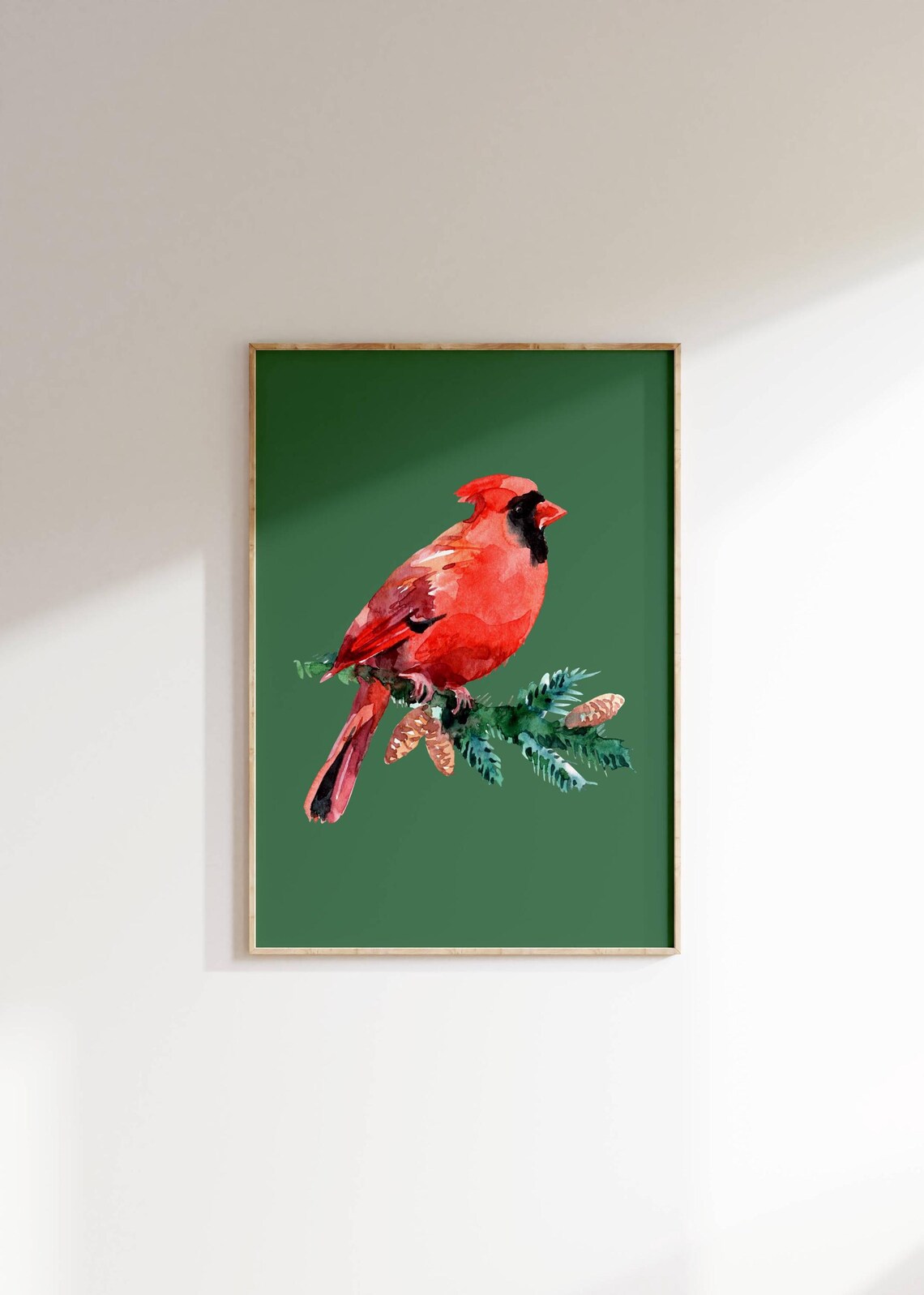 Red Cardinal Bird on Pine Branch Watercolor Winter Nature Green Poster