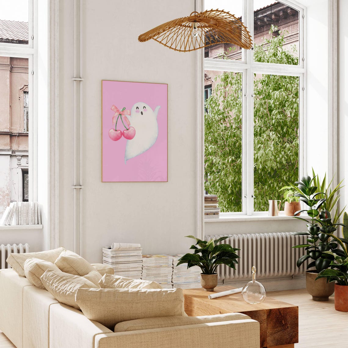 Cute Ghost With Pink Cherries Girly Halloween Watercolor Poster - Image 2