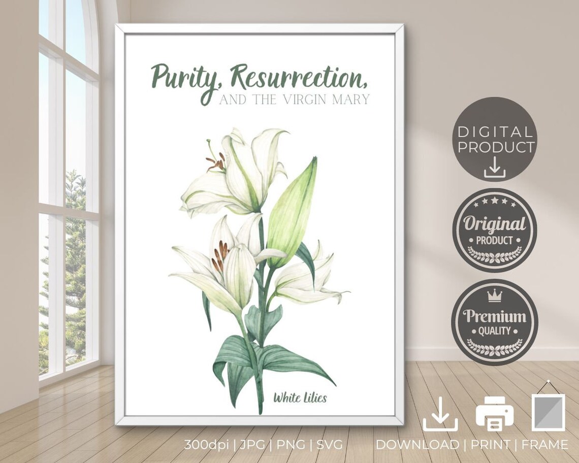 Purity Resurrection Virgin Mary White Lily Watercolor Faith Poster
