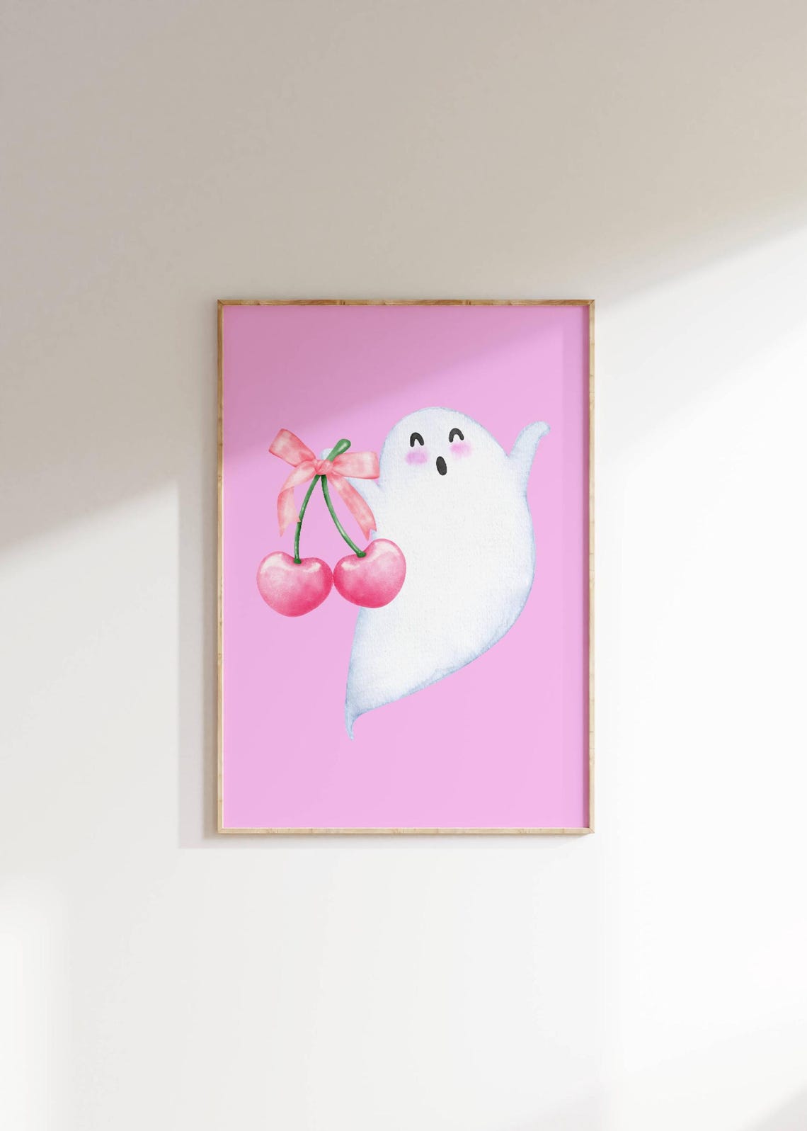 Cute Ghost With Pink Cherries Girly Halloween Watercolor Poster