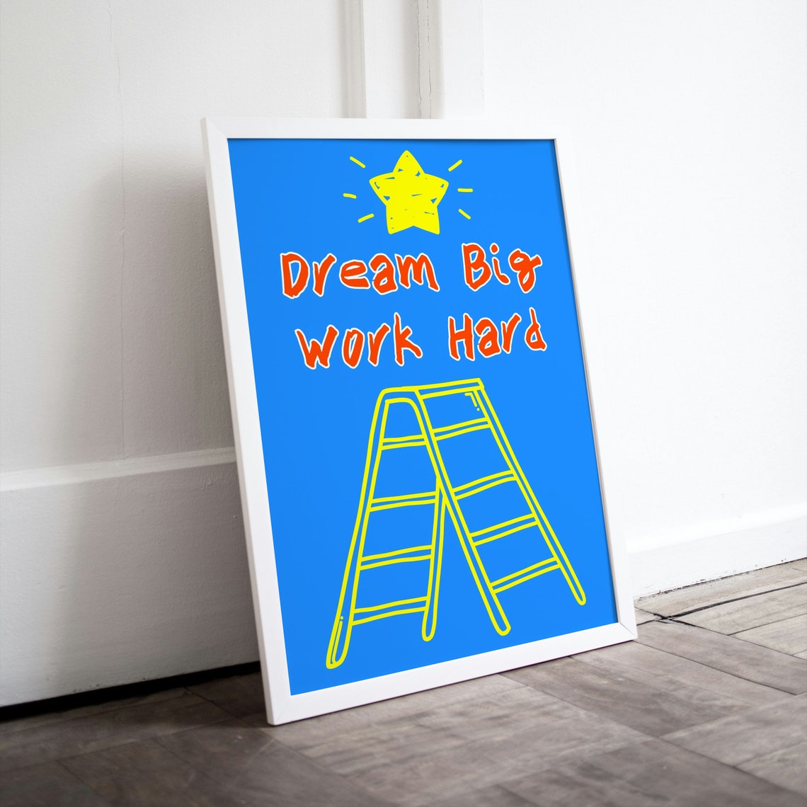 Dream Big Work Hard Yellow Star Ladder Blue Kids Wall Poster - Image 2