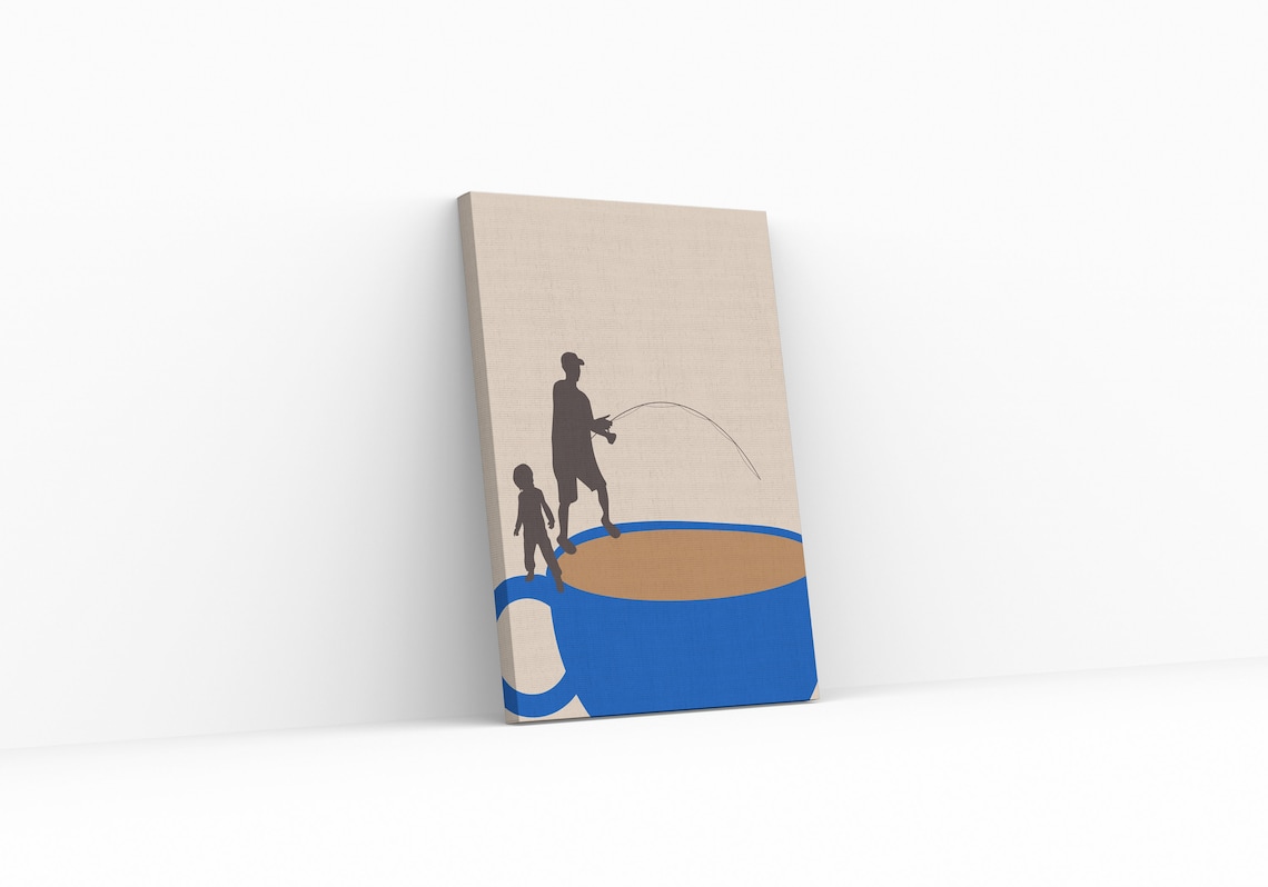 Dad And Son Fishing On Giant Blue Coffee Cup Minimalist Fun Poster - Image 2