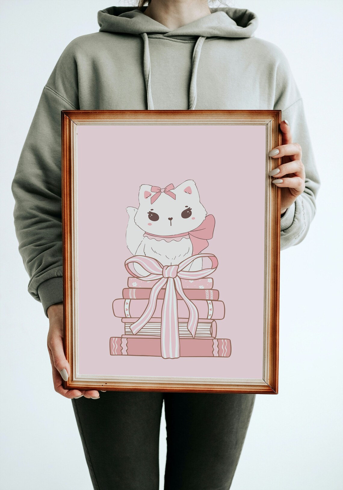 Cute White Cat With Pink Bow On Stack Of Books Nursery Wall Poster - Image 3