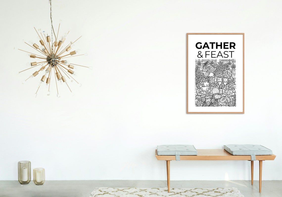 Gather And Feast Kitchen Doodle Art Minimalist Black White Poster - Image 3