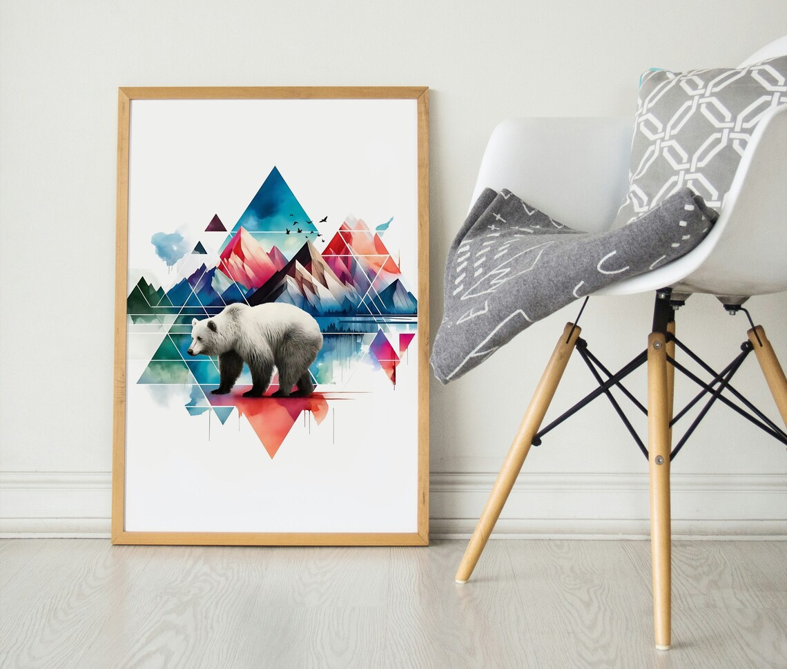 Geometric Bear Over Watercolor Mountains Wildlife Nature Art Poster - Image 2