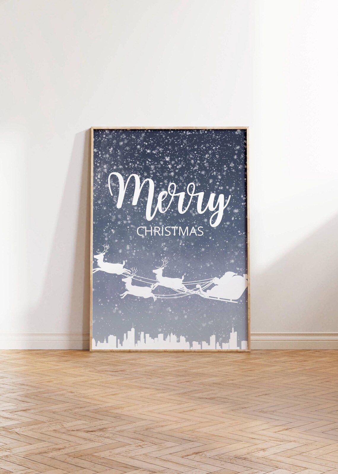 Merry Christmas Santa Sleigh Snowy Night Skyline Holiday Poster - Image 4