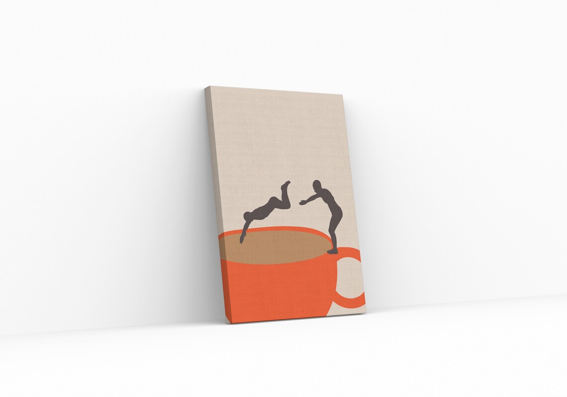 Two Divers Jumping Into Giant Orange Coffee Cup Minimalist Art Poster - Image 2