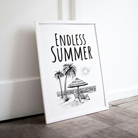 Endless Summer Beach Scene Line Drawing Coastal Wall Decor Poster
