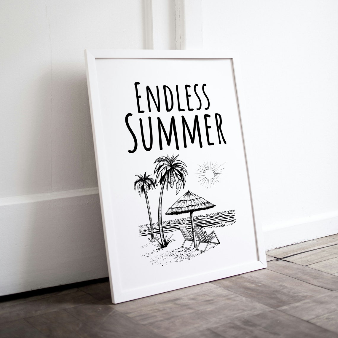 Endless Summer Beach Scene Line Drawing Coastal Wall Decor Poster