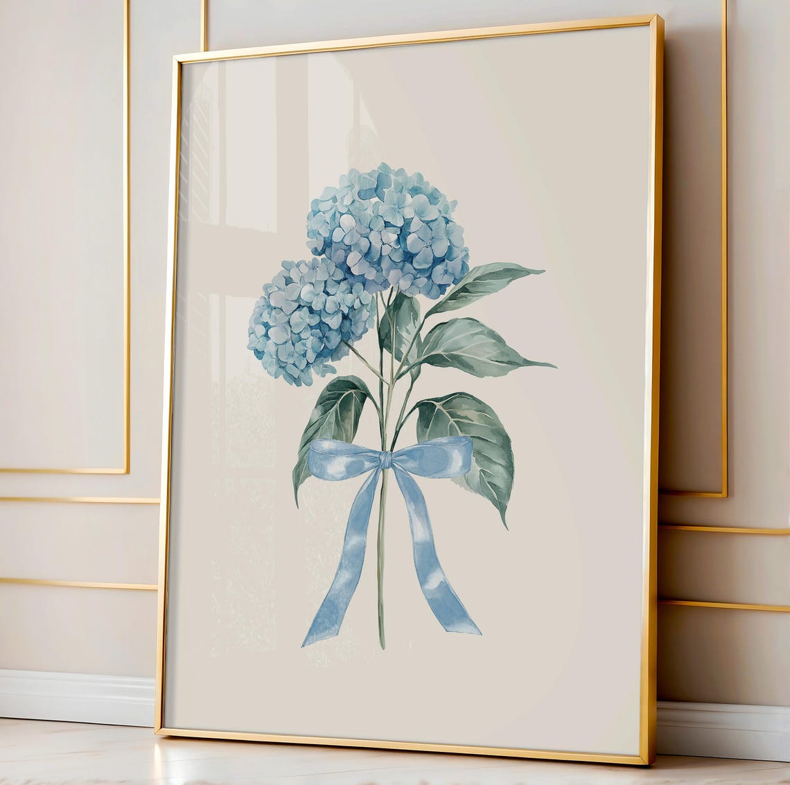 Blue Hydrangea Bouquet Bow Watercolor Botanical Flower Wall Art - Image 3