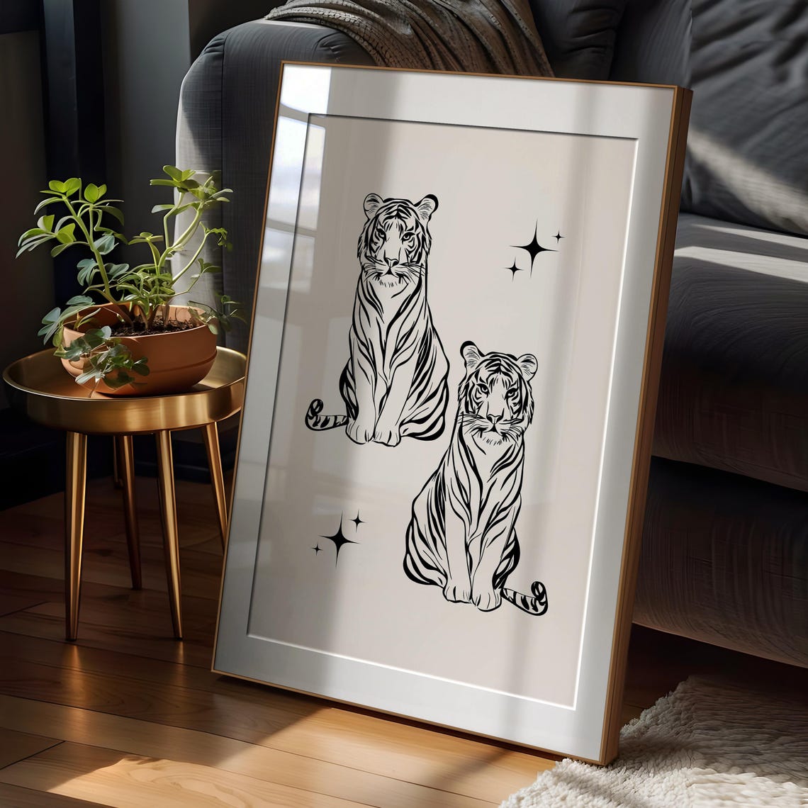 Two Tigers Black Line Art Poster with Sparkles Maximalist Decor - Image 3