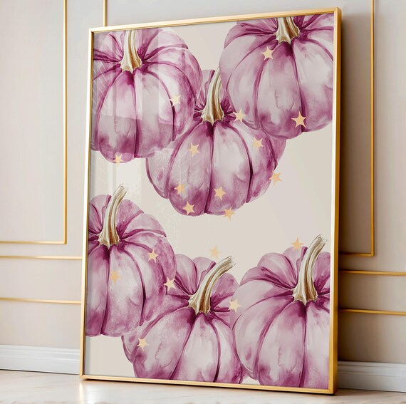 Pink Watercolor Pumpkins With Gold Stars Fall Halloween Seasonal Decor Poster