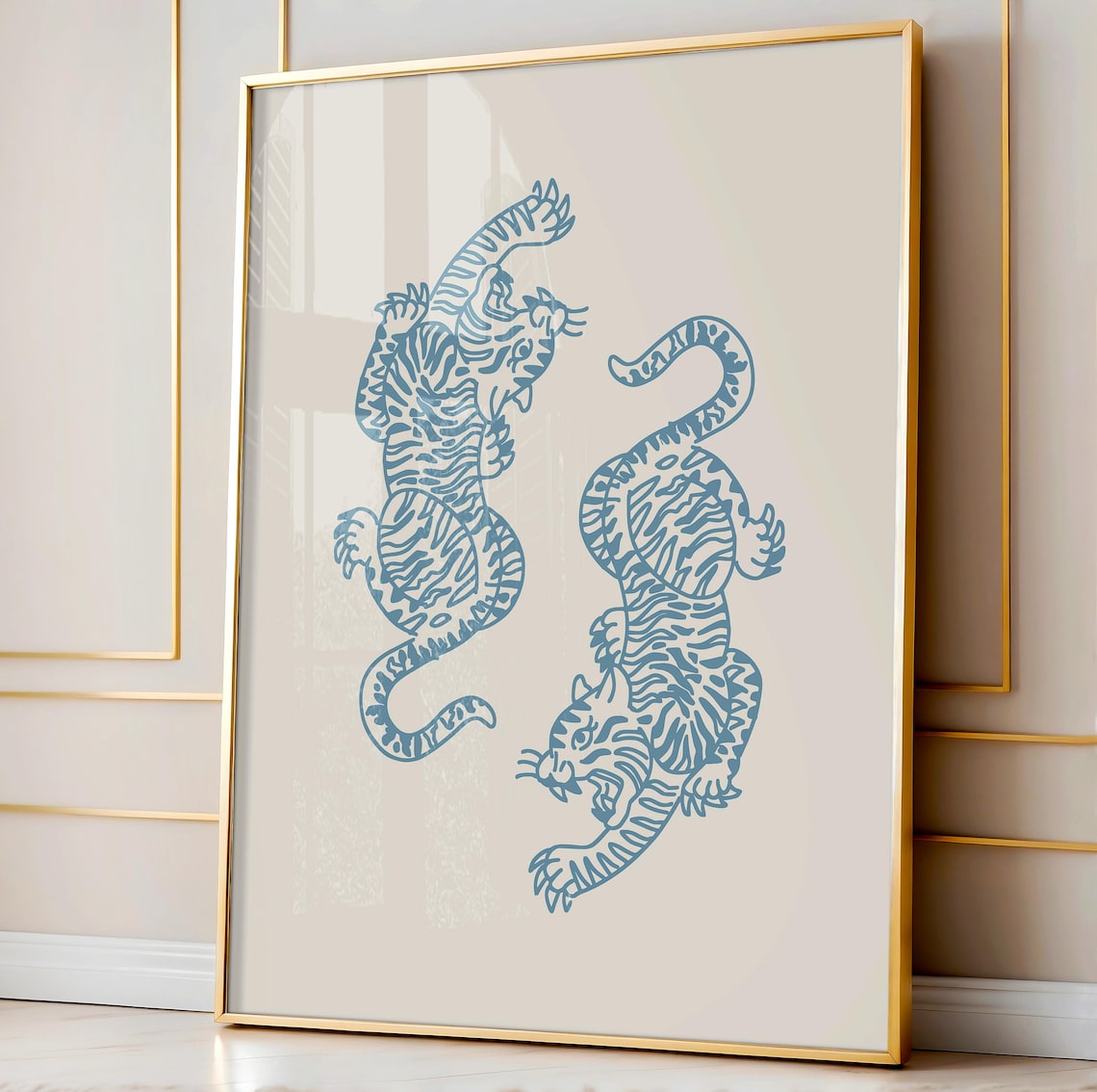 Blue Line Art Twin Tigers Yin Yang Minimalist Aesthetic Poster