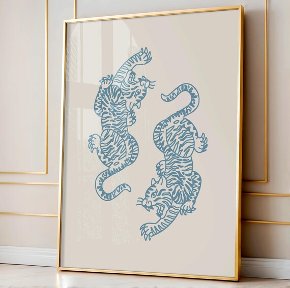 Blue Line Art Twin Tigers Yin Yang Minimalist Aesthetic Poster