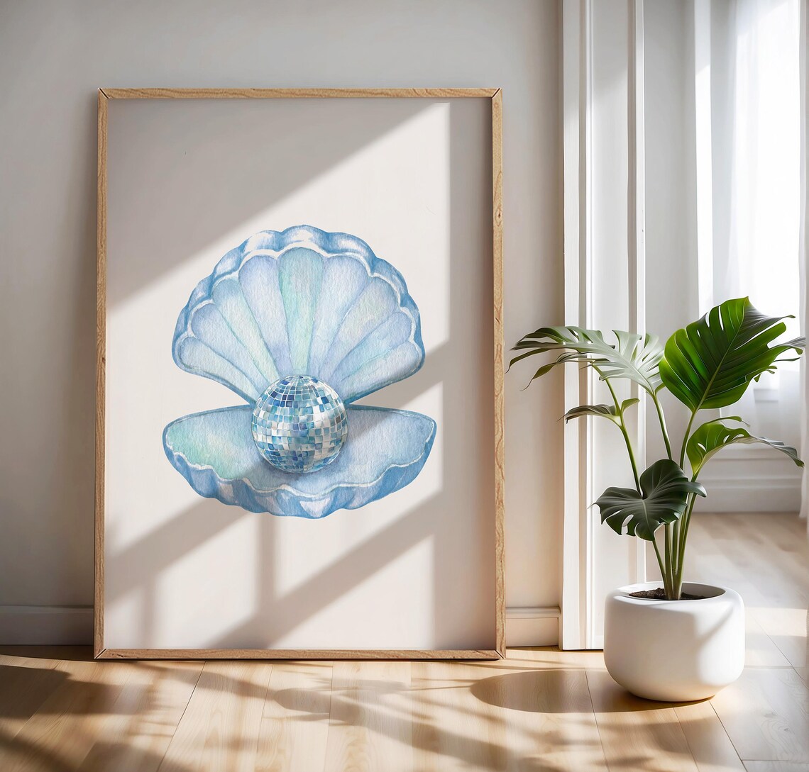 Disco Ball Pearl Clam Shell Watercolor Coastal Beach Trendy Decor Poster - Image 3