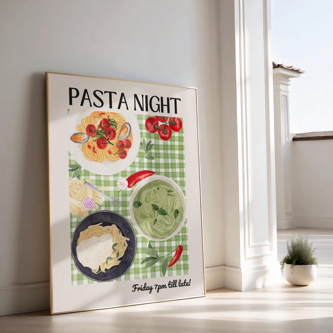 Pasta Night Friday Dinner Party Food Illustration Poster Kitchen Art - Image 3