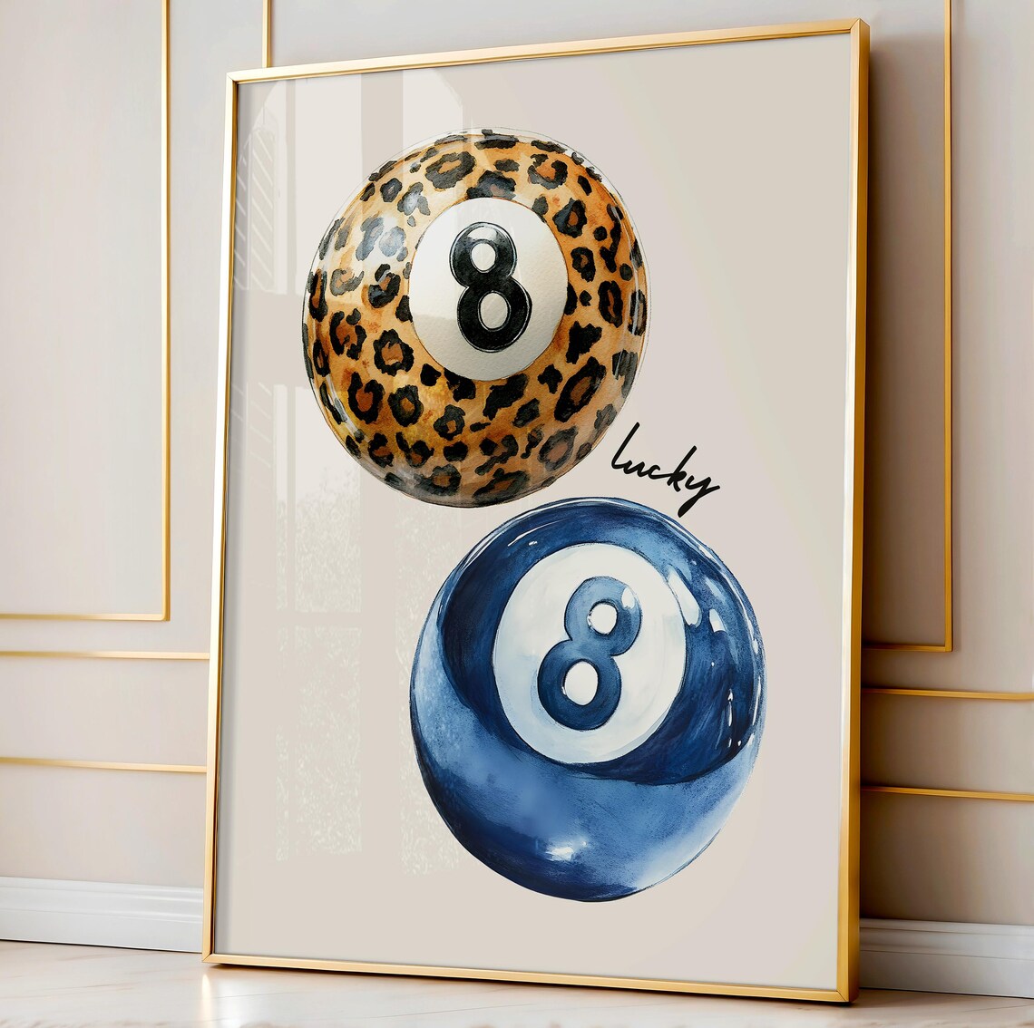 Navy 8 Ball Leopard Print Lucky You Art Print - Image 3