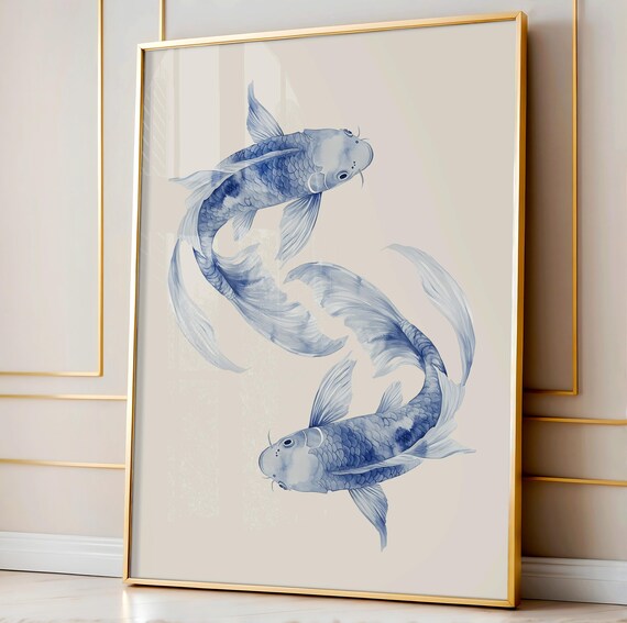 Blue Koi Fish Print Trendy Blue Japanese Decor Ocean Wall Art Beach House Decor Coastal Art Print Koi Fish Painting Coastal Wall Art