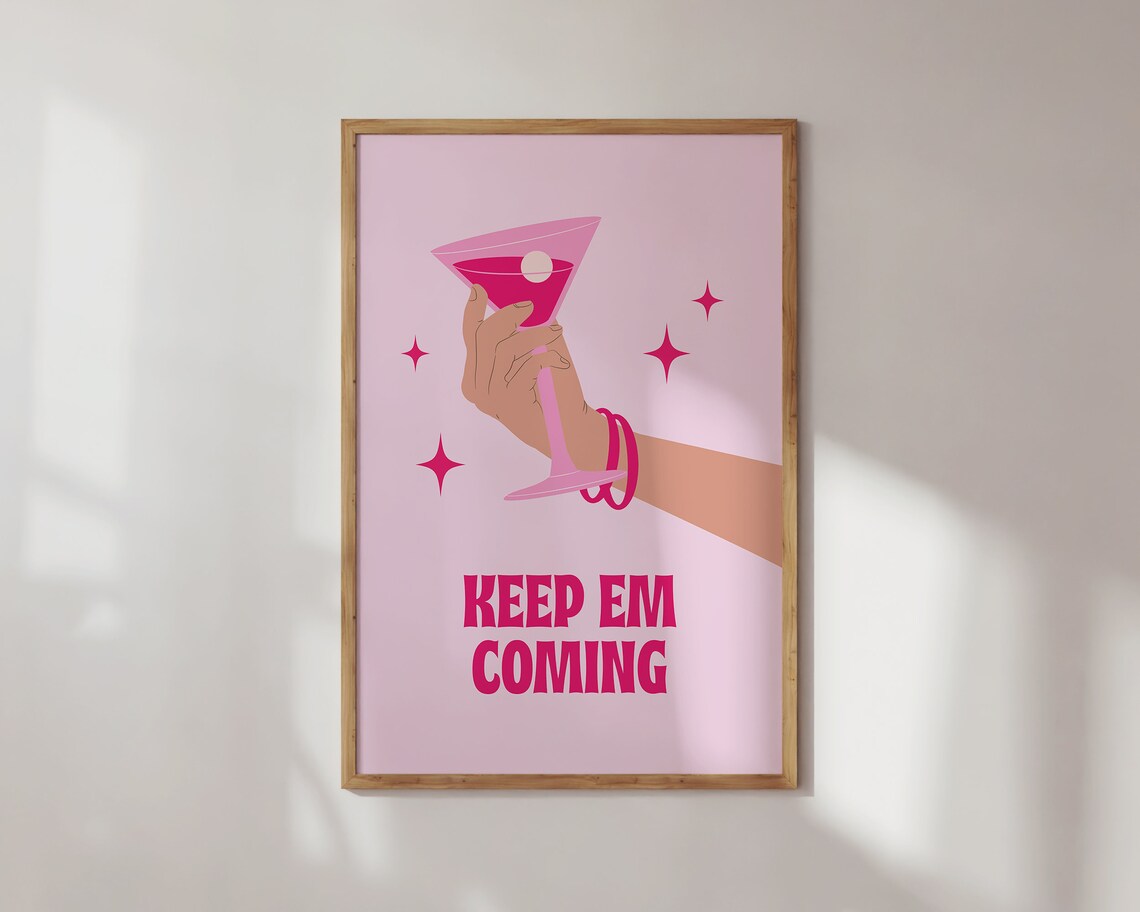 Keep Em Coming Pink Cocktail Bar Cart Girly Preppy Martini Poster - Image 3