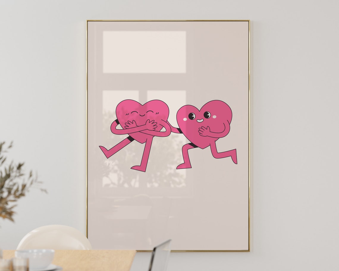 Two Pink Hearts Hugging Cute Cartoon Love Valentine Day Poster - Image 2