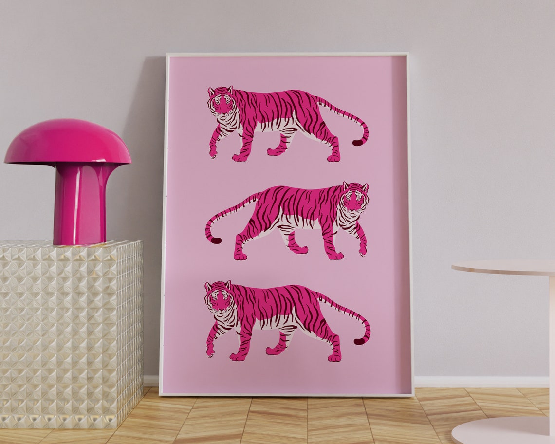Pink Tigers Trio Bold Hot Pink Preppy Tiger Illustration Poster - Image 2