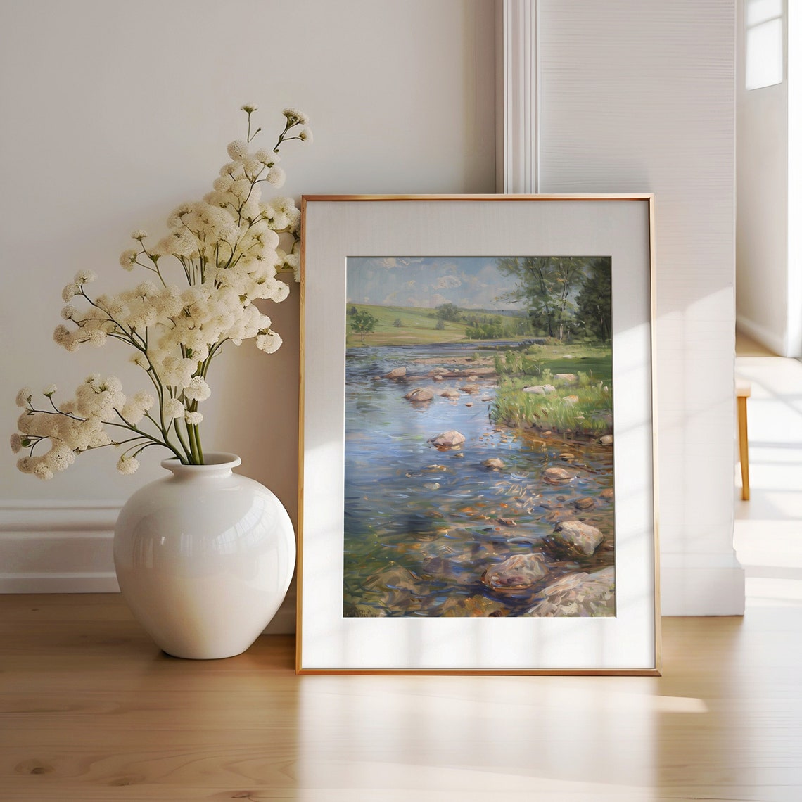 Sunlit Rocky River Meandering Through Rolling Green Pastures Poster