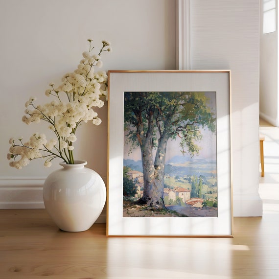Countryside Tree Landscape Painting Tree And Village Painting Hillside Print Rural Vista Art Calming Landscape