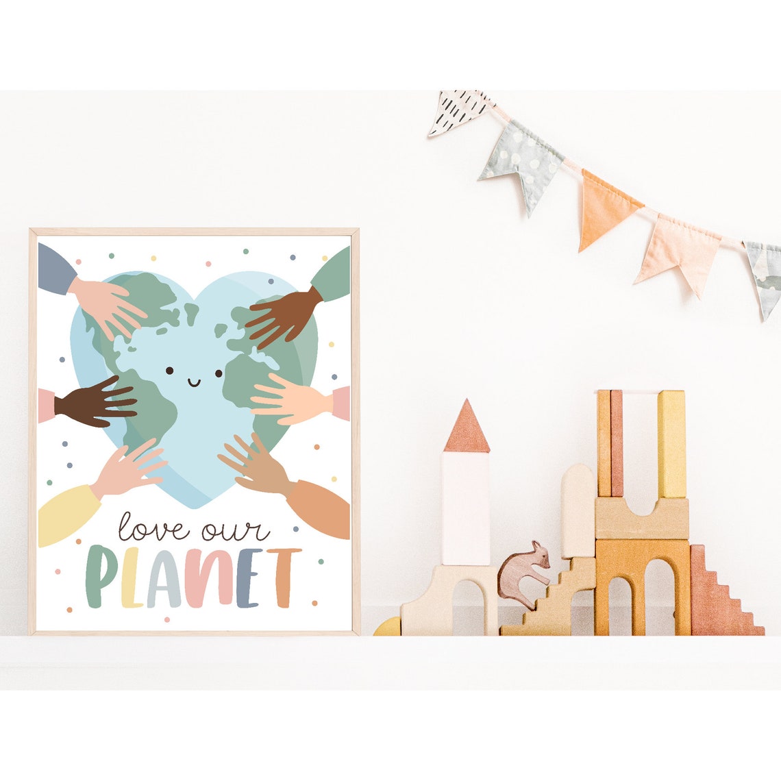 Love Our Planet Heart Earth Diverse Hands Classroom Wall Art Poster - Image 3