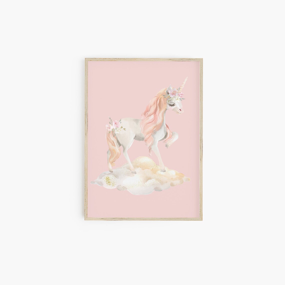 Watercolor Unicorn Standing On Sparkle Cloud Pink Girls Room Poster - Image 2