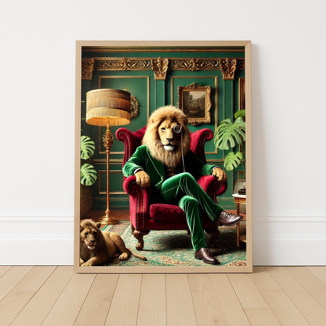 Lion And Cub Aristocrat, Maximalist Animal Portrait