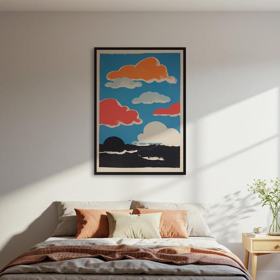 Graphic Clouds Poster Print Abstract Landscape Wall Art Blue Orange Red Sky Modern Minimalist Decor Framed Or Unframed